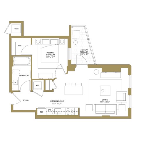 Floor plan for 1 bed, 1 bath, 648 sqft